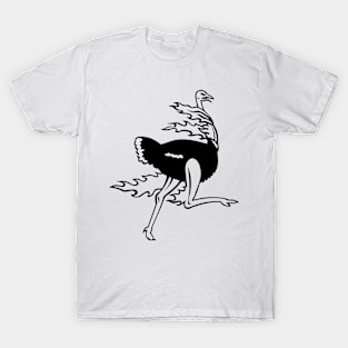 Common Ostrich Running While on Fire Viewed from Side Mascot Black and White T-Shirt